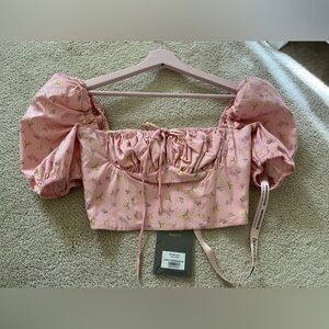 House of CB London Arianna Pink Floral Puff Sleeve Cropped Top, Small, NWT